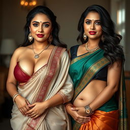 A captivating portrayal of two sexy, busty Indian MILFs dressed in elegant sarees that accentuate their voluptuous and curvy bodies