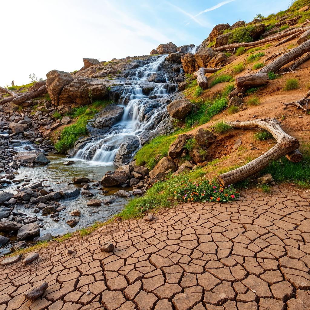 A beautiful, meandering waterfall cascading over rocky terrain, with clear flowing water visible throughout its winding path