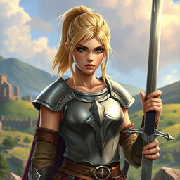 A young human female paladin inspired by Dungeons & Dragons, characterized by her shoulder-length blond hair tied up in a practical ponytail