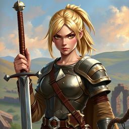 A young human female paladin inspired by Dungeons & Dragons, characterized by her shoulder-length blond hair tied up in a practical ponytail