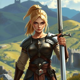 A young human female paladin inspired by Dungeons & Dragons, characterized by her shoulder-length blond hair tied up in a practical ponytail