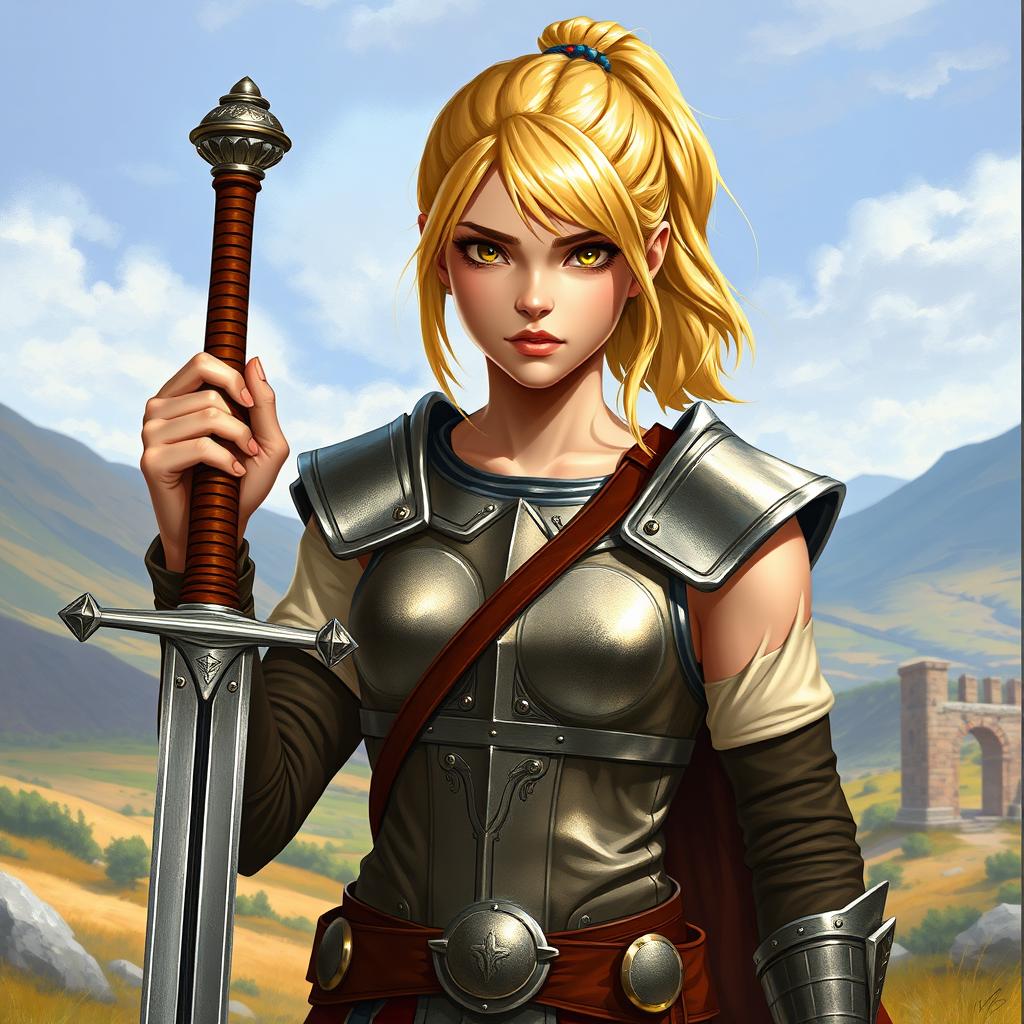 A young human female paladin inspired by Dungeons & Dragons, characterized by her shoulder-length blond hair tied up in a practical ponytail