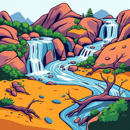 A vibrant, graphic depiction of a meandering waterfall flowing through a stylized landscape