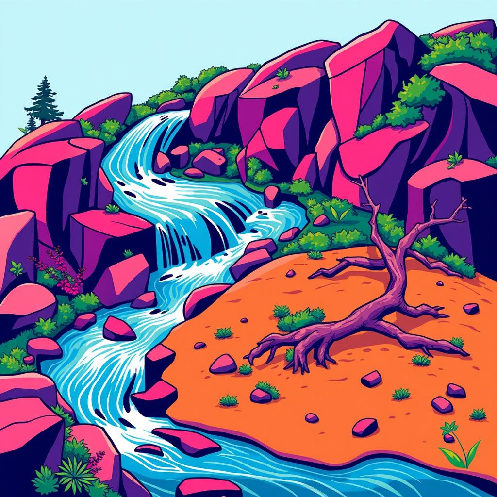 A vibrant, graphic depiction of a meandering waterfall flowing through a stylized landscape