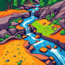 A vibrant, graphic depiction of a meandering waterfall flowing through a stylized landscape