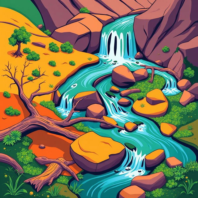 A vibrant, graphic depiction of a meandering waterfall flowing through a stylized landscape