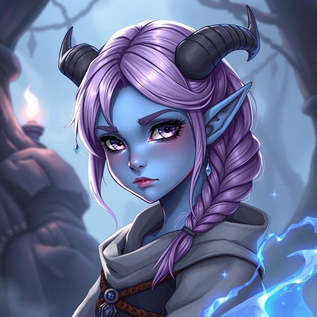 A young female tiefling sorcerer with blue skin and purple eyes, appearing shy with a modest pose