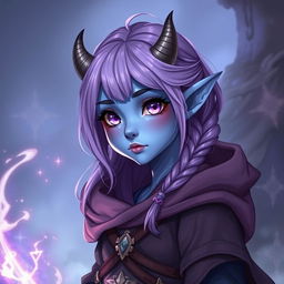 A young female tiefling sorcerer with blue skin and purple eyes, appearing shy with a modest pose