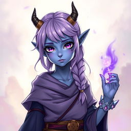 A young female tiefling sorcerer with blue skin and purple eyes, appearing shy with a modest pose