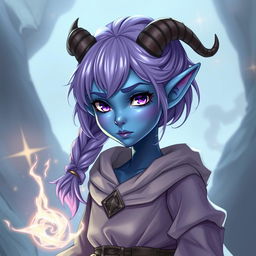 A young female tiefling sorcerer with blue skin and purple eyes, appearing shy with a modest pose