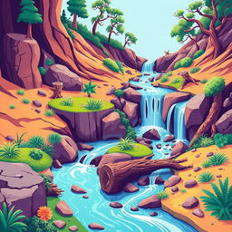 A beautifully stylized, graphic representation of a meandering waterfall cascading through an imaginative landscape