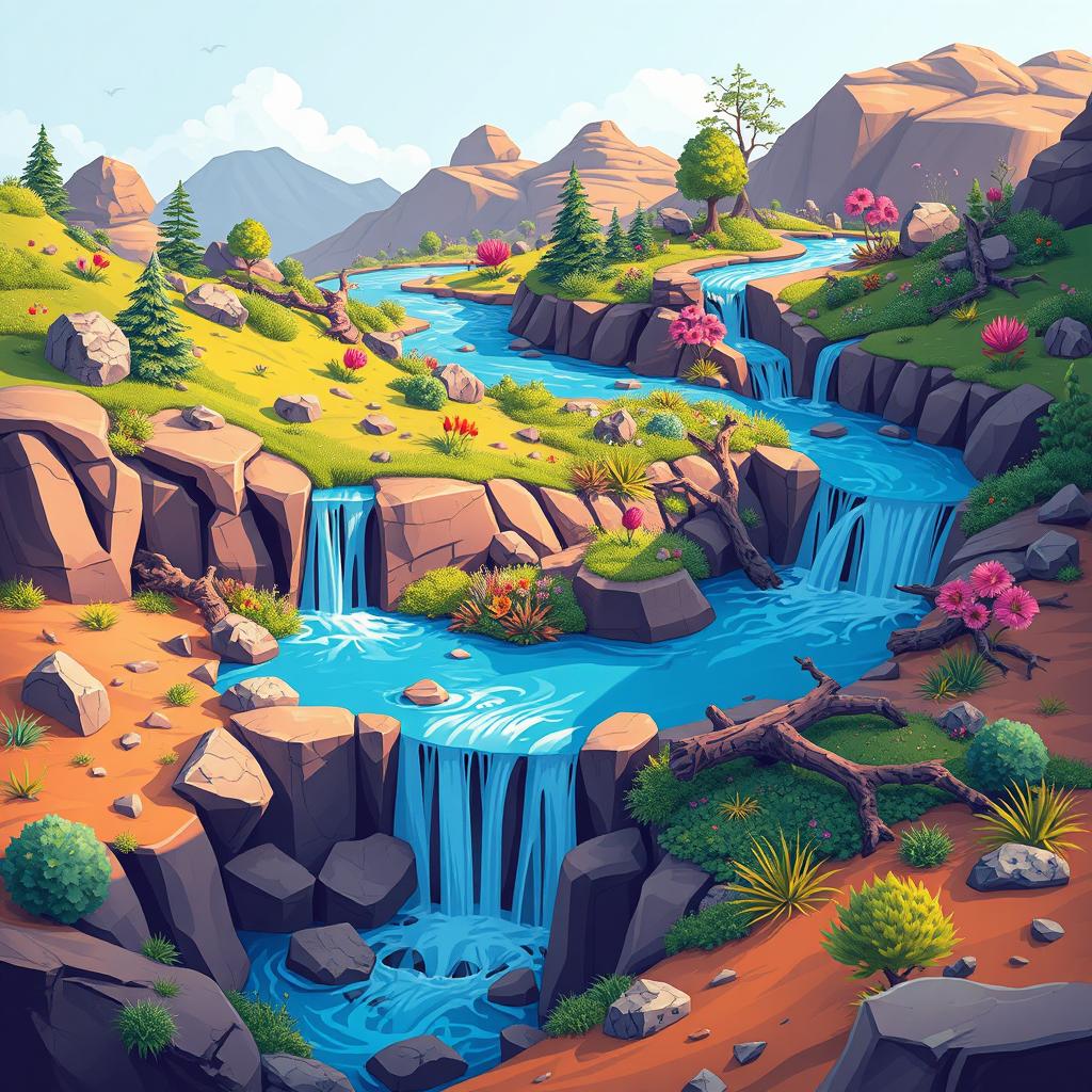 A beautifully stylized, graphic representation of a meandering waterfall cascading through an imaginative landscape