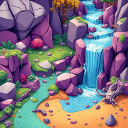 A beautifully stylized, graphic representation of a meandering waterfall cascading through an imaginative landscape