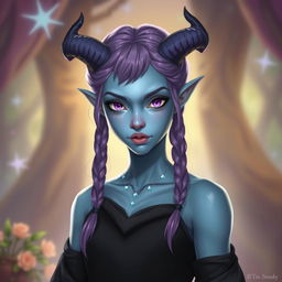 A full body portrait of an 18-year-old female tiefling in a 3/4 view, featuring blue skin and striking purple eyes