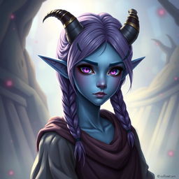 A full body portrait of an 18-year-old female tiefling in a 3/4 view, featuring blue skin and striking purple eyes