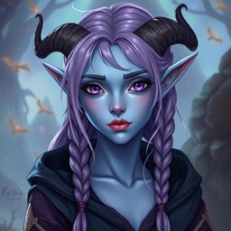 A full body portrait of an 18-year-old female tiefling in a 3/4 view, featuring blue skin and striking purple eyes
