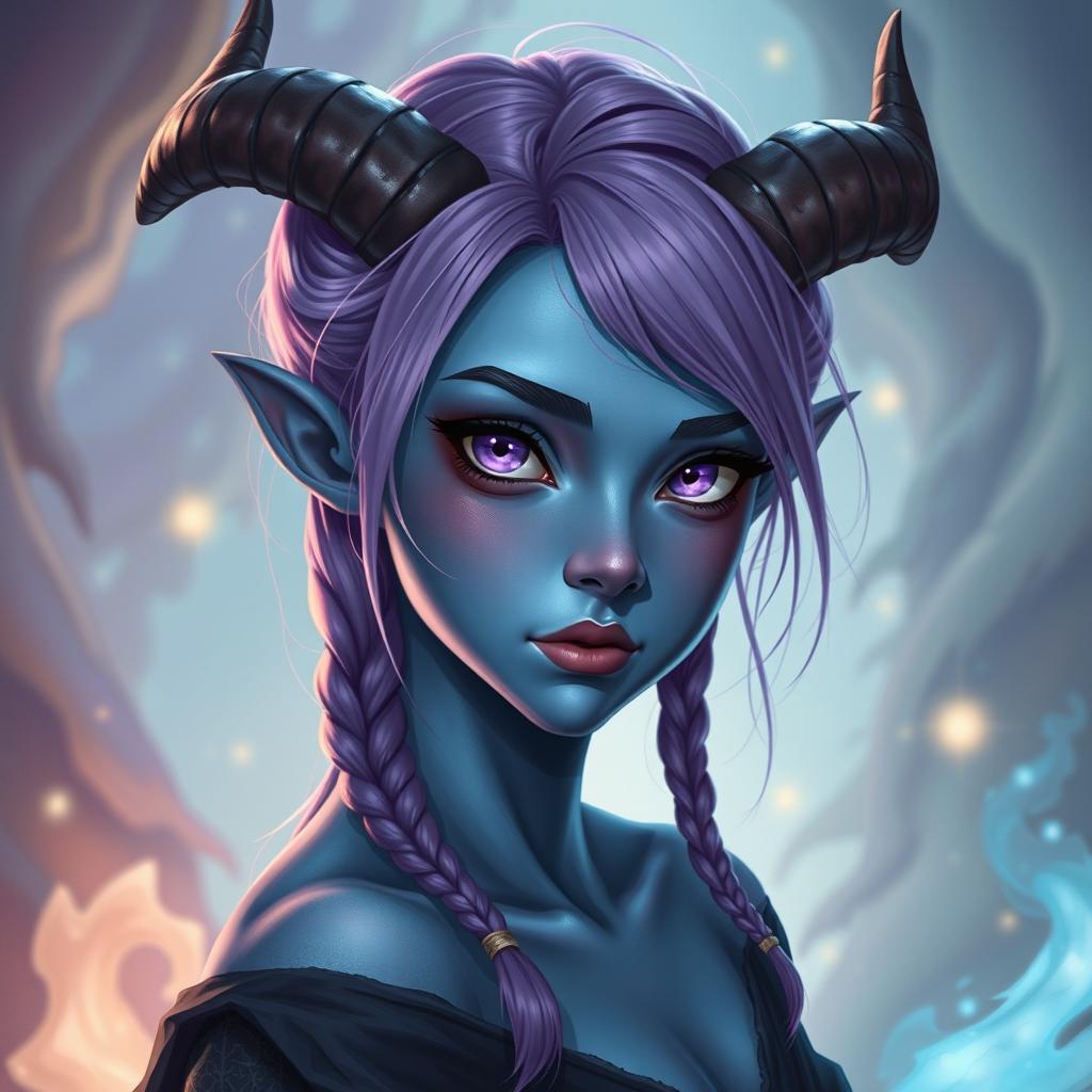 A full body portrait of an 18-year-old female tiefling in a 3/4 view, featuring blue skin and striking purple eyes