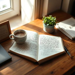 An open journal on a wooden desk, pages filled with beautiful handwriting and sketches