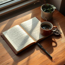 An open journal on a wooden desk, pages filled with beautiful handwriting and sketches