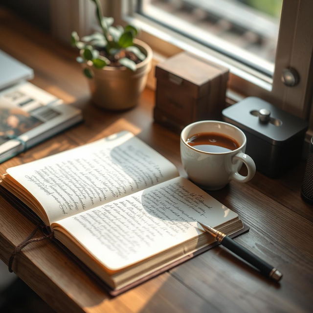An open journal on a wooden desk, pages filled with beautiful handwriting and sketches