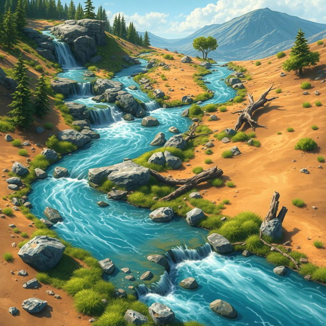 A graphical representation of a winding waterfall flowing through a landscape, with rocks, boulders, and fallen tree trunks scattered along its path