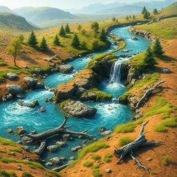 A graphical representation of a winding waterfall flowing through a landscape, with rocks, boulders, and fallen tree trunks scattered along its path
