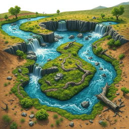 A graphical representation of a winding waterfall flowing through a landscape, with rocks, boulders, and fallen tree trunks scattered along its path