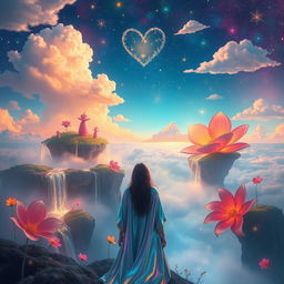 A surreal dreamscape filled with vibrant colors and ethereal elements, showcasing whimsical floating islands, cascading waterfalls of glittering light, and giant, luminescent flowers