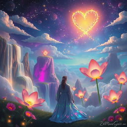 A surreal dreamscape filled with vibrant colors and ethereal elements, showcasing whimsical floating islands, cascading waterfalls of glittering light, and giant, luminescent flowers