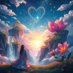 A surreal dreamscape filled with vibrant colors and ethereal elements, showcasing whimsical floating islands, cascading waterfalls of glittering light, and giant, luminescent flowers