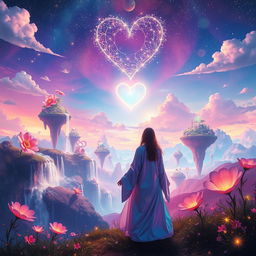 A surreal dreamscape filled with vibrant colors and ethereal elements, showcasing whimsical floating islands, cascading waterfalls of glittering light, and giant, luminescent flowers