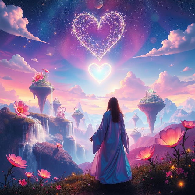 A surreal dreamscape filled with vibrant colors and ethereal elements, showcasing whimsical floating islands, cascading waterfalls of glittering light, and giant, luminescent flowers