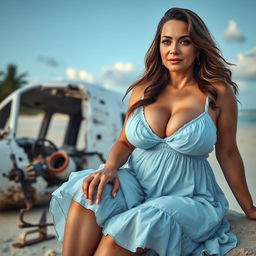 A full body image of a mature woman, aged 55, with an enticing figure, wearing a short, flouncy light blue beach dress that features a deep neckline