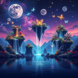 A vibrant graphic design featuring an otherworldly landscape with floating islands and cascading waterfalls