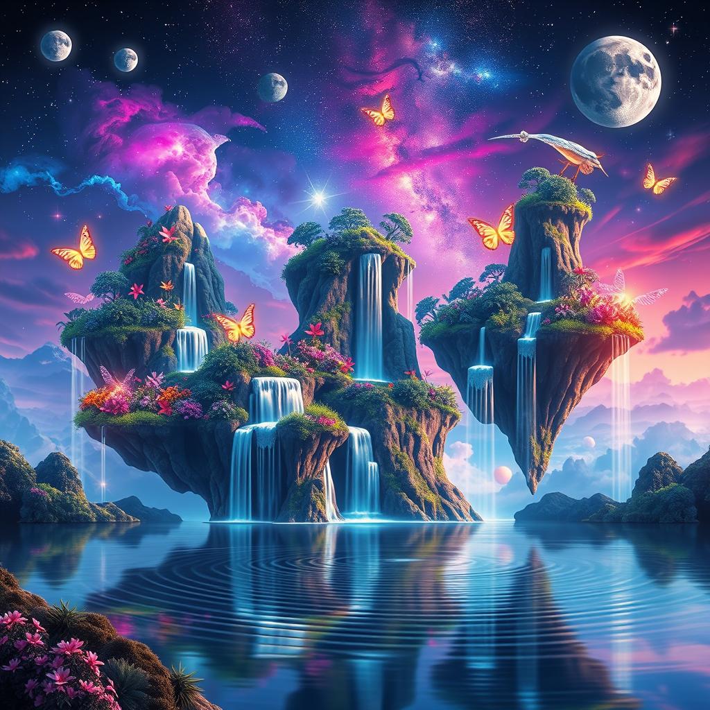 A vibrant graphic design featuring an otherworldly landscape with floating islands and cascading waterfalls