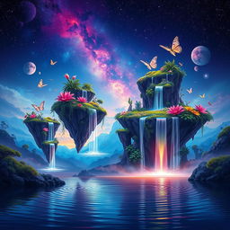 A vibrant graphic design featuring an otherworldly landscape with floating islands and cascading waterfalls
