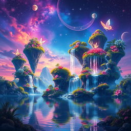 A vibrant graphic design featuring an otherworldly landscape with floating islands and cascading waterfalls