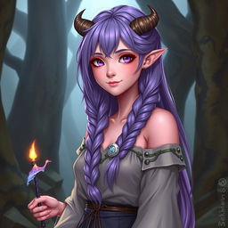 A full-body fantasy art depiction of an 18-year-old female tiefling, viewed from a 3/4 angle