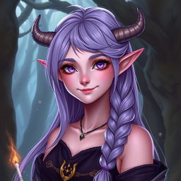 A full-body fantasy art depiction of an 18-year-old female tiefling, viewed from a 3/4 angle