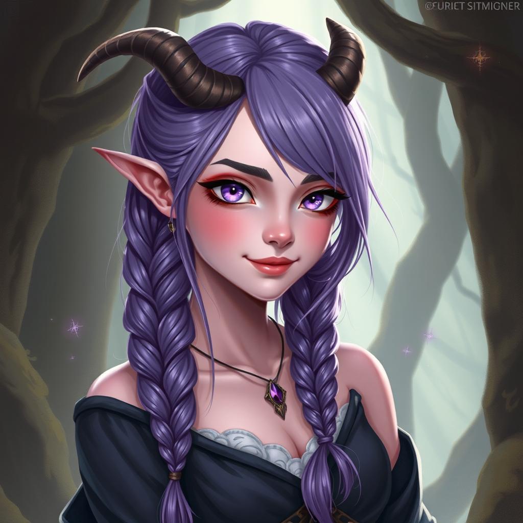 A full-body fantasy art depiction of an 18-year-old female tiefling, viewed from a 3/4 angle