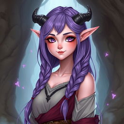 A full-body fantasy art depiction of an 18-year-old female tiefling, viewed from a 3/4 angle