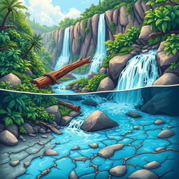 A vibrant graphic illustration featuring a beautiful waterfall in the background, with water cascading down from a high cliff, winding through a twisting path