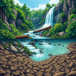A vibrant graphic illustration featuring a beautiful waterfall in the background, with water cascading down from a high cliff, winding through a twisting path