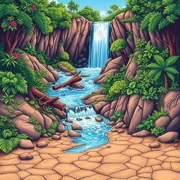 A vibrant graphic illustration featuring a beautiful waterfall in the background, with water cascading down from a high cliff, winding through a twisting path
