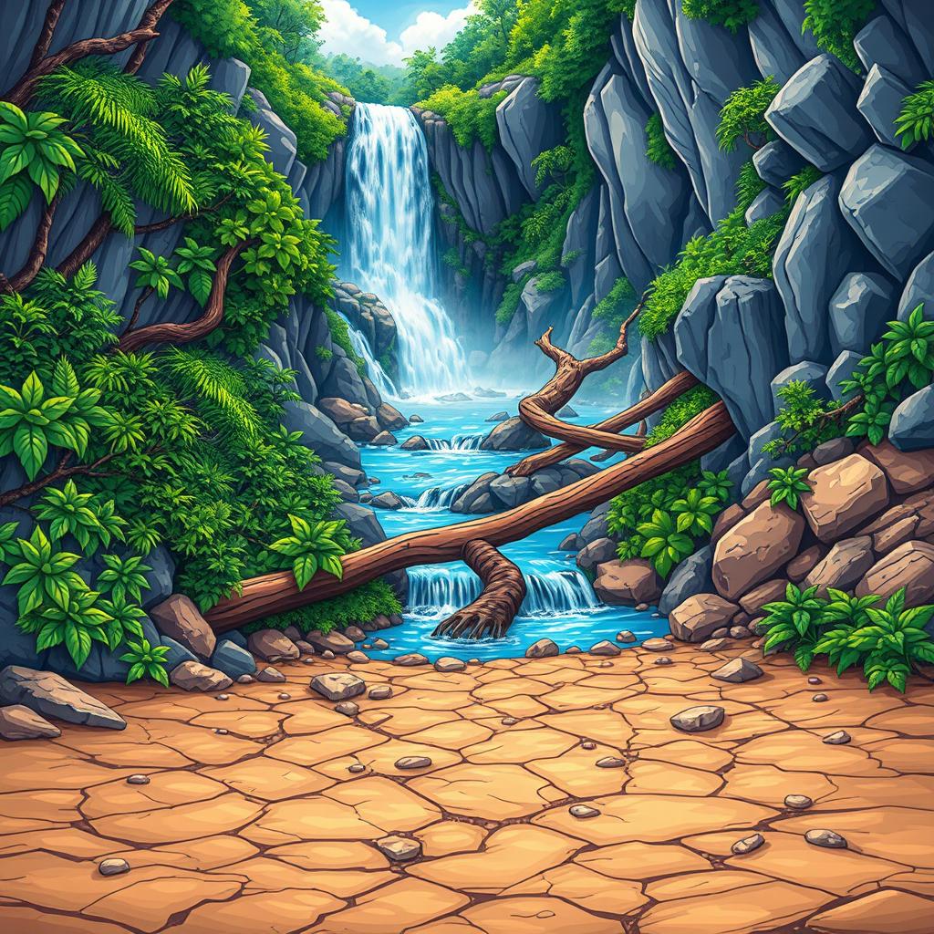 A vibrant graphic illustration featuring a beautiful waterfall in the background, with water cascading down from a high cliff, winding through a twisting path