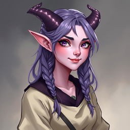 A full-body fantasy art illustration of an 18-year-old female tiefling in a 3/4 view