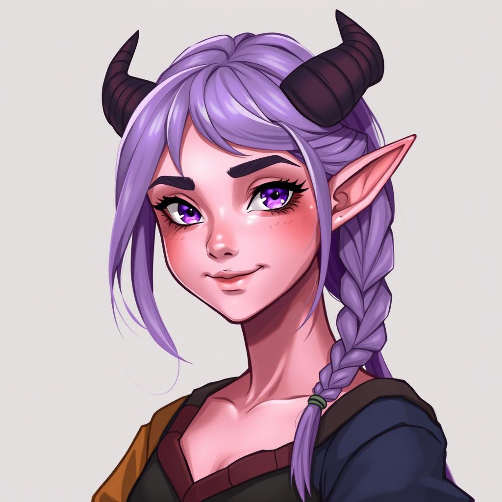 A full-body fantasy art illustration of an 18-year-old female tiefling in a 3/4 view