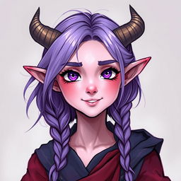 A full-body fantasy art illustration of an 18-year-old female tiefling in a 3/4 view