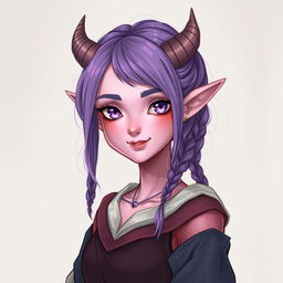 A full-body fantasy art illustration of an 18-year-old female tiefling in a 3/4 view