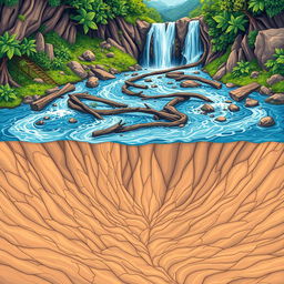 A vibrant graphic illustration featuring a beautiful waterfall in the background, with water cascading down from a high cliff, winding through an intricate and highly twisted path filled with dramatic curves